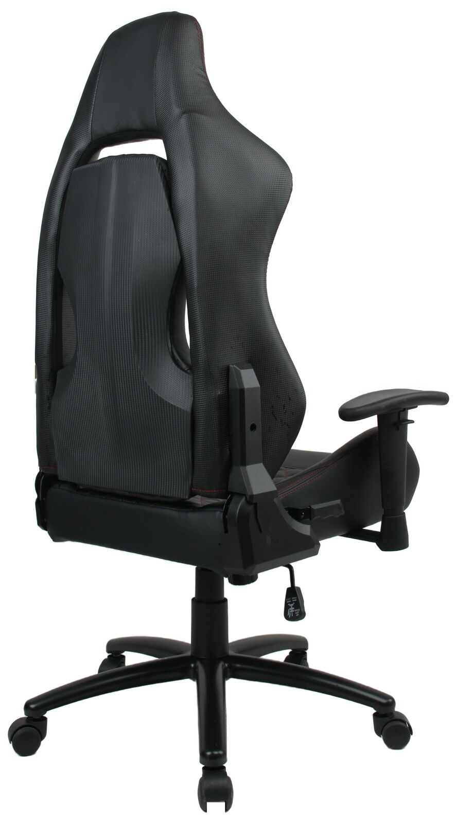 Rückansicht eines schwarzen Gaming-Stuhls mit ergonomischem Design und verstellbaren Armlehnen.