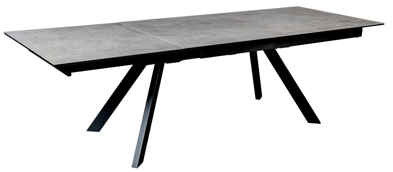 Moderner Esstisch mit erweiterbarer Tischplatte und schrägen Metallbeinen, seitliche Perspektive