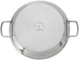 Top-Ansicht einer runden Edelstahlpfanne mit zwei Griffen, geeignet für alle Herdarten.
