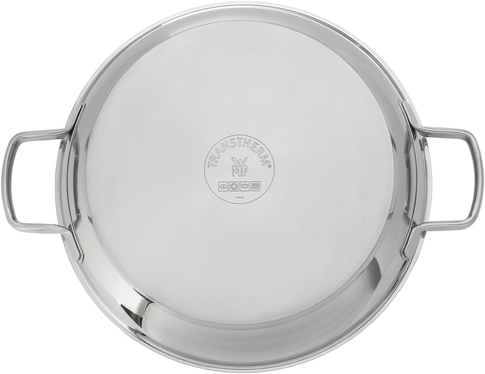 Top-Ansicht einer runden Edelstahlpfanne mit zwei Griffen, geeignet für alle Herdarten.