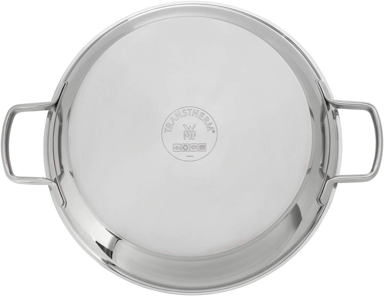 Top-Ansicht einer runden Edelstahlpfanne mit zwei Griffen, geeignet für alle Herdarten.