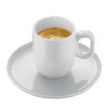 Weiße Espressotasse mit Untertasse, gefüllt mit Espresso, aus der Vogelperspektive.