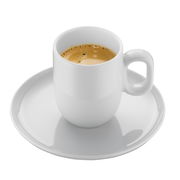 Weiße Espressotasse mit Untertasse, gefüllt mit Espresso, aus der Vogelperspektive.