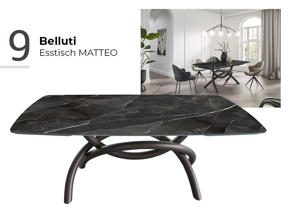 Moderner Esstisch Belluti MATTEO mit dunkler Marmorplatte und geschwungenem Metallgestell im Esszimmer