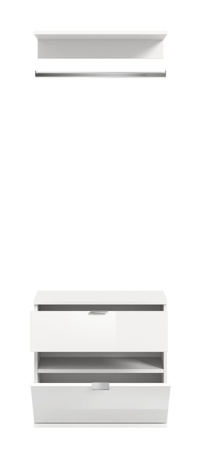 Weiße Kommode mit zwei offenen Schubladen, frontal betrachtet.