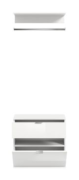 Weiße Kommode mit zwei offenen Schubladen, frontal betrachtet.