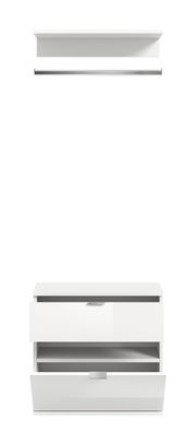 Weiße Kommode mit zwei offenen Schubladen, frontal betrachtet.