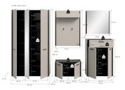 Maßgrafik eines modernen Badezimmermöbel-Sets in Grau/Anthrazit mit Hochschrank (ca. 190 cm hoch), Waschtischunterschrank (ca. 106 cm hoch), Spiegelschrank/Spiegel (ca. 70 × 72 cm) und Wandpaneel (ca. 106 × 75 cm) inklusive Innenaufteilungen, Türöffnungen
