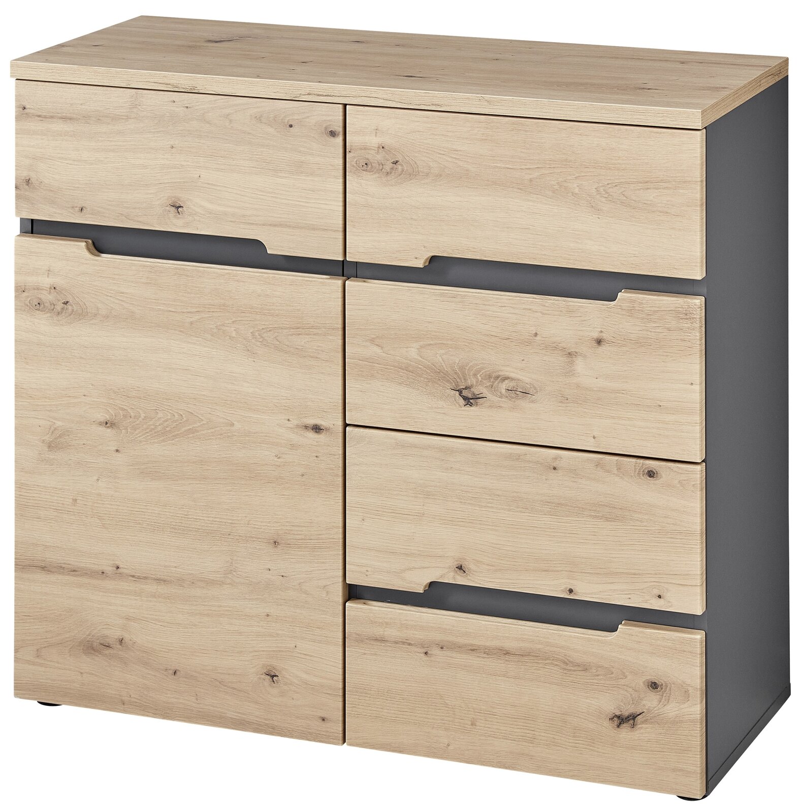 Kommode aus hellem Holz mit sechs Schubladen, seitliche Perspektive