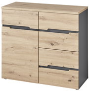 Kommode aus hellem Holz mit sechs Schubladen, seitliche Perspektive