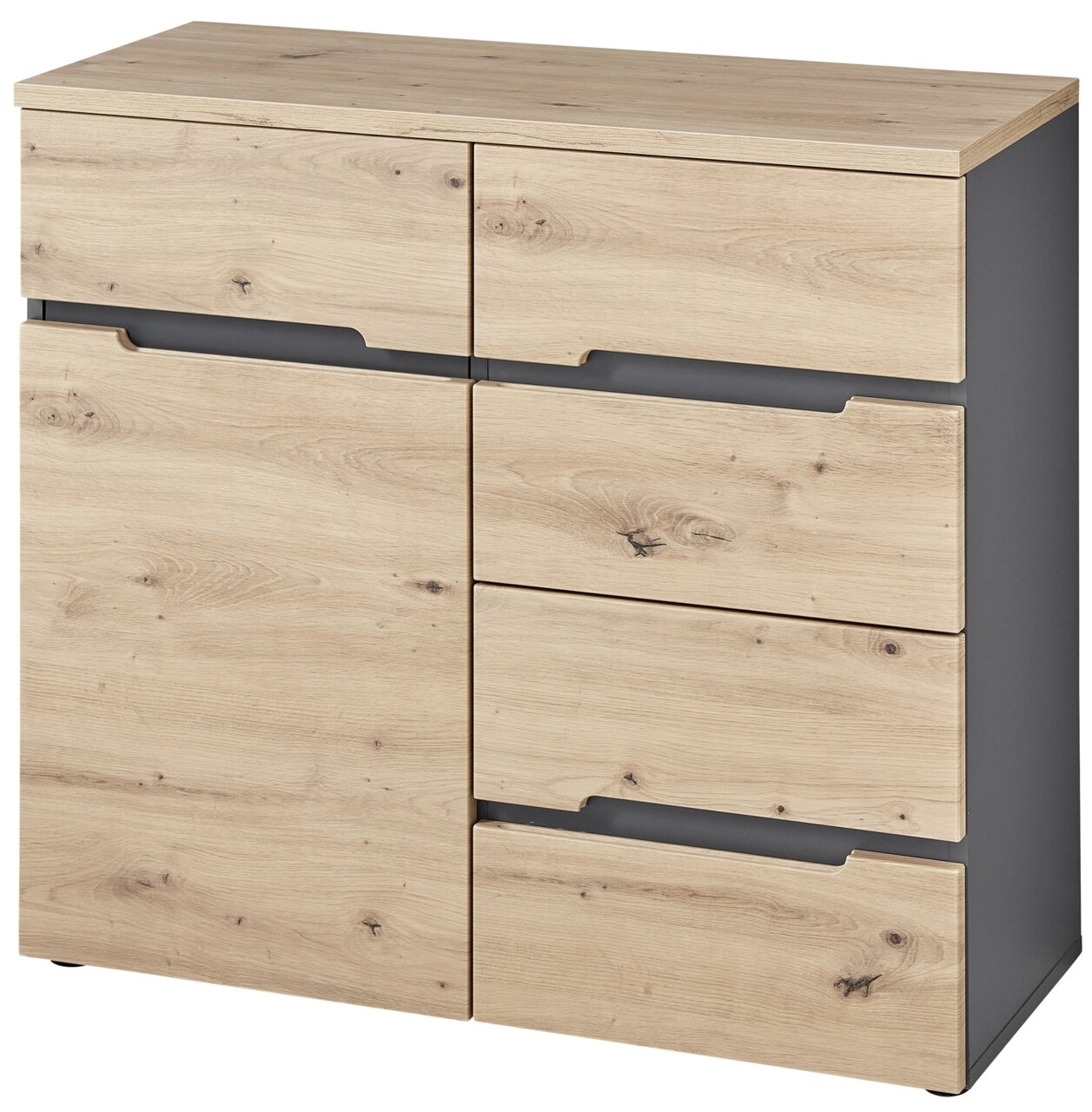 Kommode aus hellem Holz mit sechs Schubladen, seitliche Perspektive