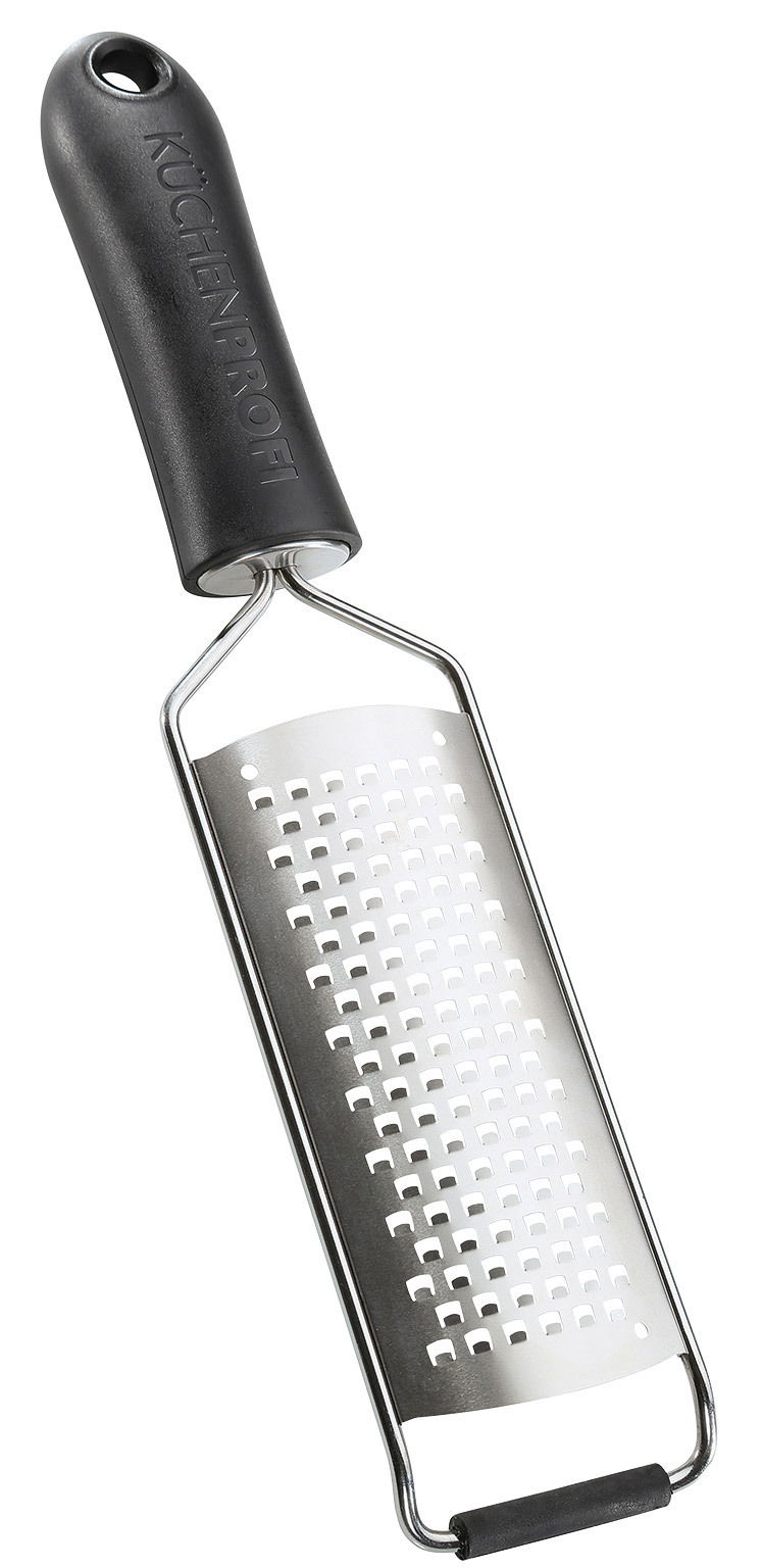Große Küchenreibe mit schwarzem Griff, seitliche Perspektive