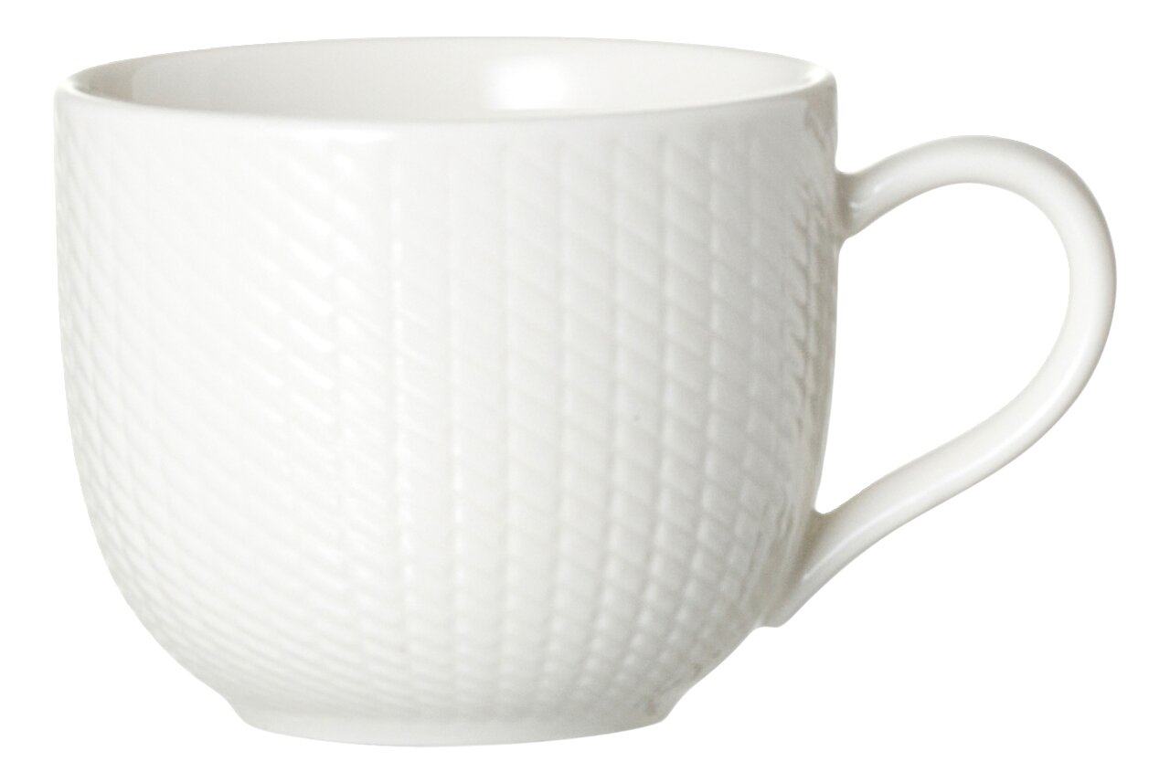 Weiße Kaffeeobertasse mit strukturiertem Muster, seitliche Perspektive