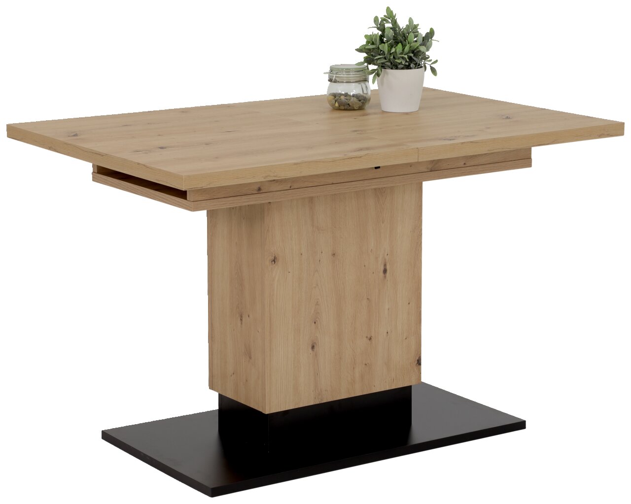 Moderner Esstisch aus Holz mit rechteckiger Tischplatte und zentralem Sockel, seitliche Perspektive