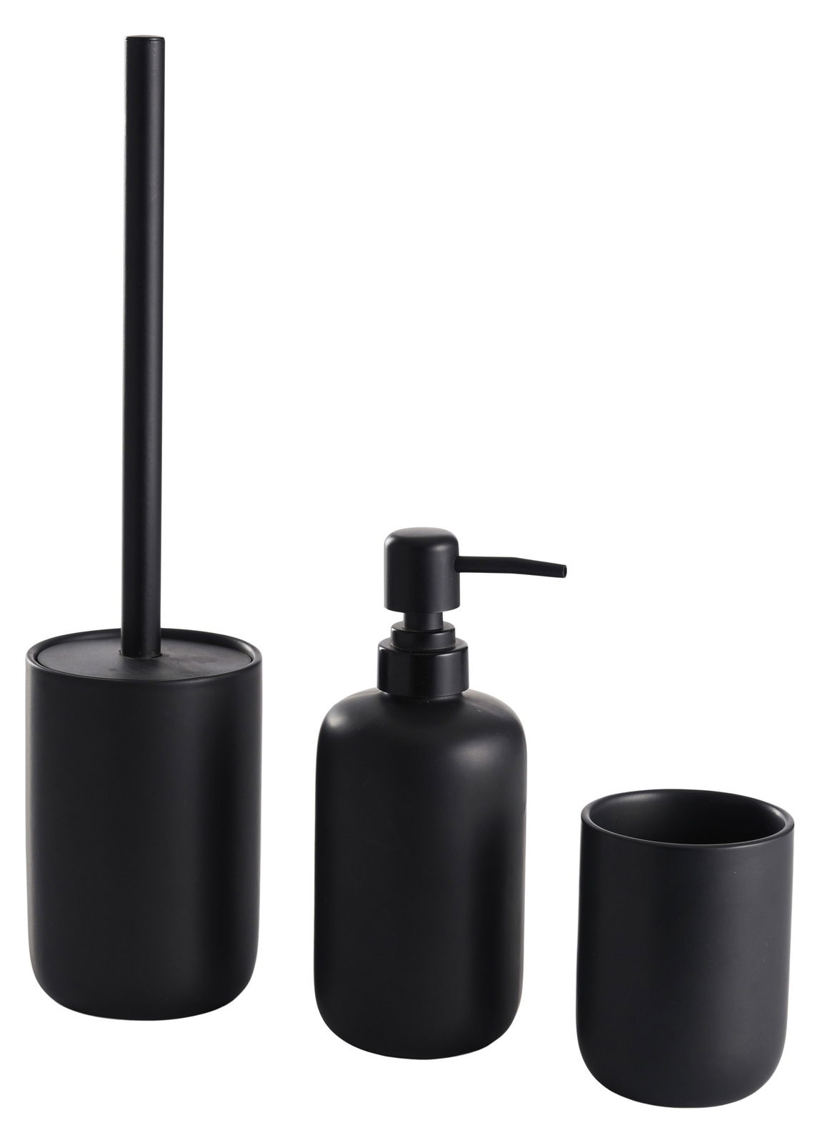 Schwarzes 3-teiliges Badset bestehend aus Toilettenbürstenhalter, Seifenspender und Zahnputzbecher, frontal abgebildet.