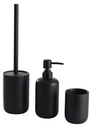 Schwarzes 3-teiliges Badset bestehend aus Toilettenbürstenhalter, Seifenspender und Zahnputzbecher, frontal abgebildet.