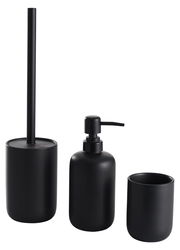 Schwarzes 3-teiliges Badset bestehend aus Toilettenbürstenhalter, Seifenspender und Zahnputzbecher, frontal abgebildet.
