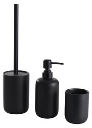 Schwarzes 3-teiliges Badset bestehend aus Toilettenbürstenhalter, Seifenspender und Zahnputzbecher, frontal abgebildet.