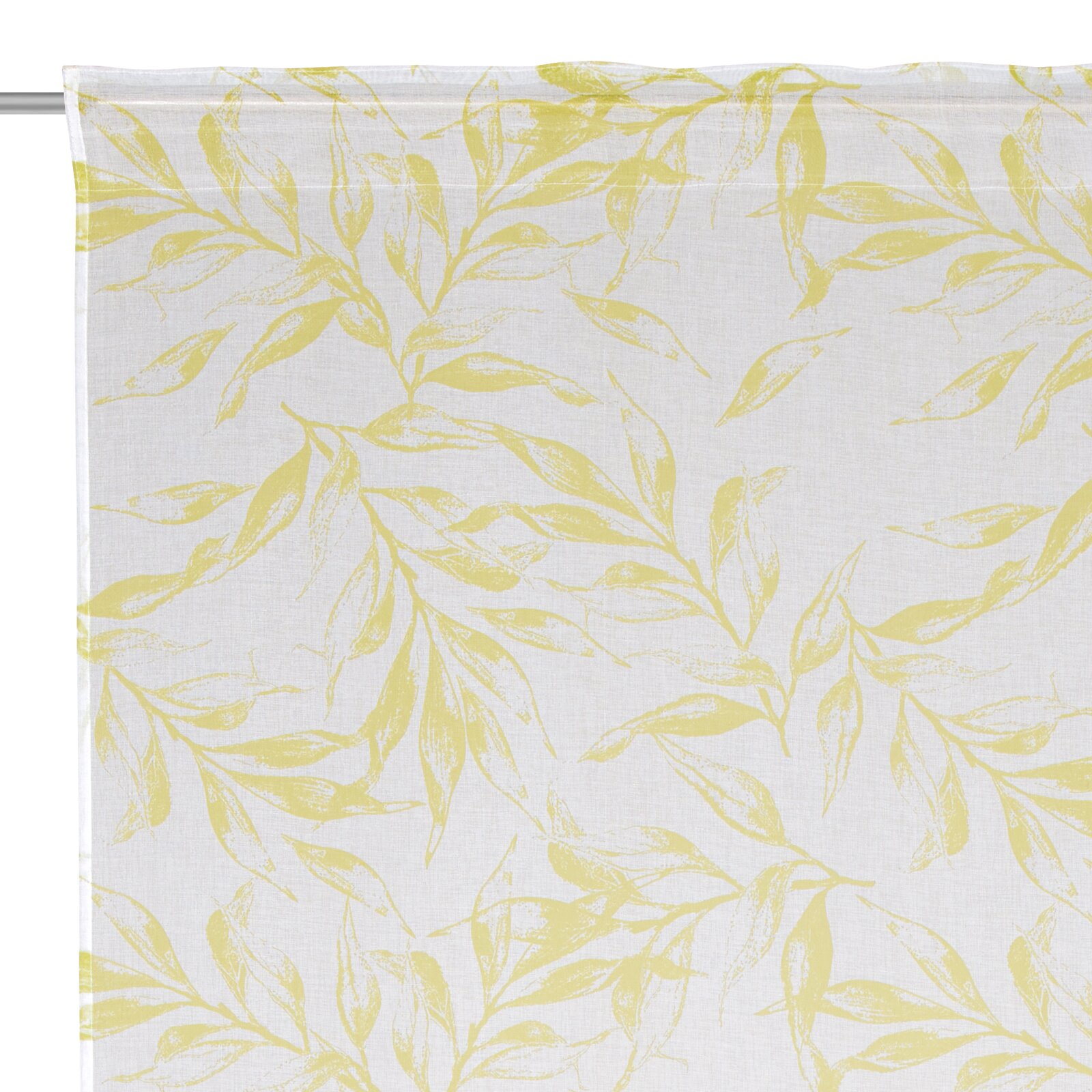 Fertigvorhang Flora 140x245 mit gelbem Blattmuster auf weißem Hintergrund, Nahaufnahme