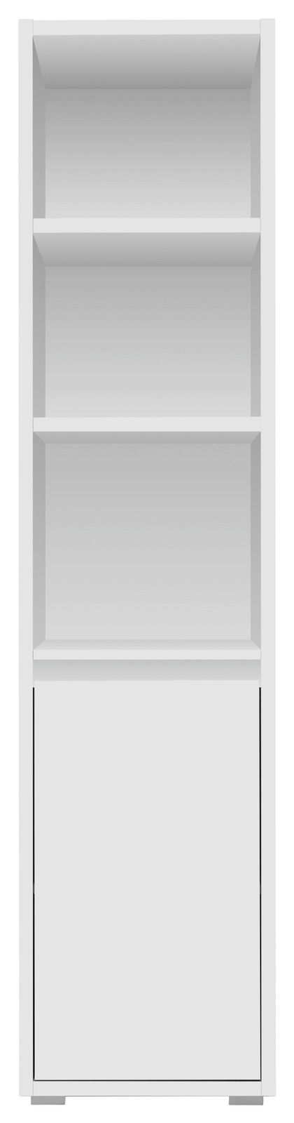 Weißes Regal mit drei offenen Fächern und einer geschlossenen Tür, frontale Ansicht