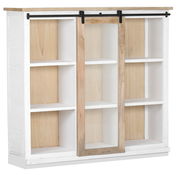 Buffet-Aufsatz mit Schiebetür, weiße und holzfarbene Regale, seitliche Perspektive