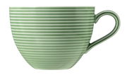 Grüne Milchkaffeetasse mit horizontalen Streifen, seitliche Ansicht