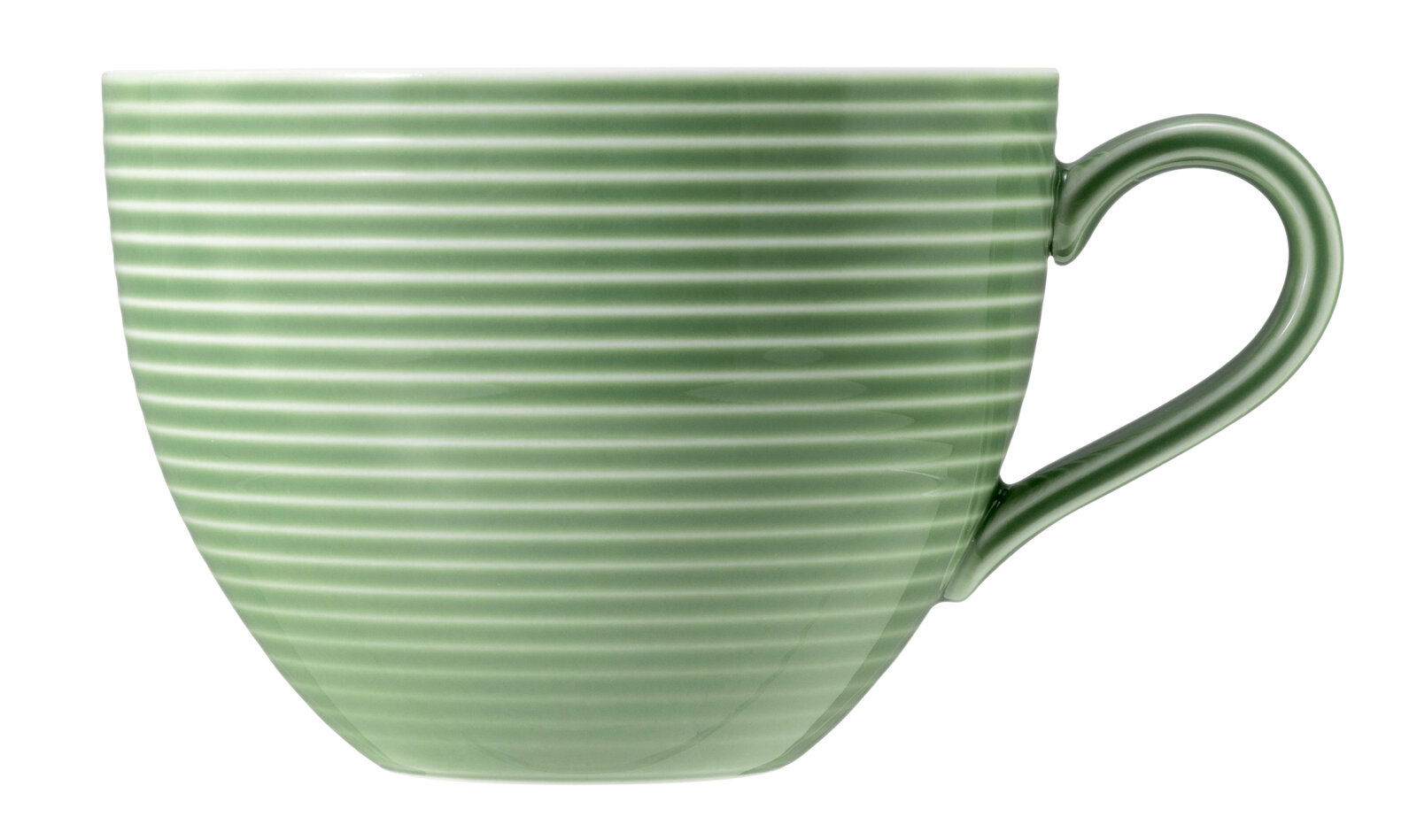 Grüne Milchkaffeetasse mit horizontalen Streifen, seitliche Ansicht