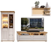 Moderne Wandkombination mit Vitrine, TV-Schrank und Wandregal in Holzoptik, frontal betrachtet.