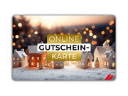 Vorderansicht einer Online-Geschenkkarte mit winterlichem Dorfmotiv und Lichtern im Hintergrund.