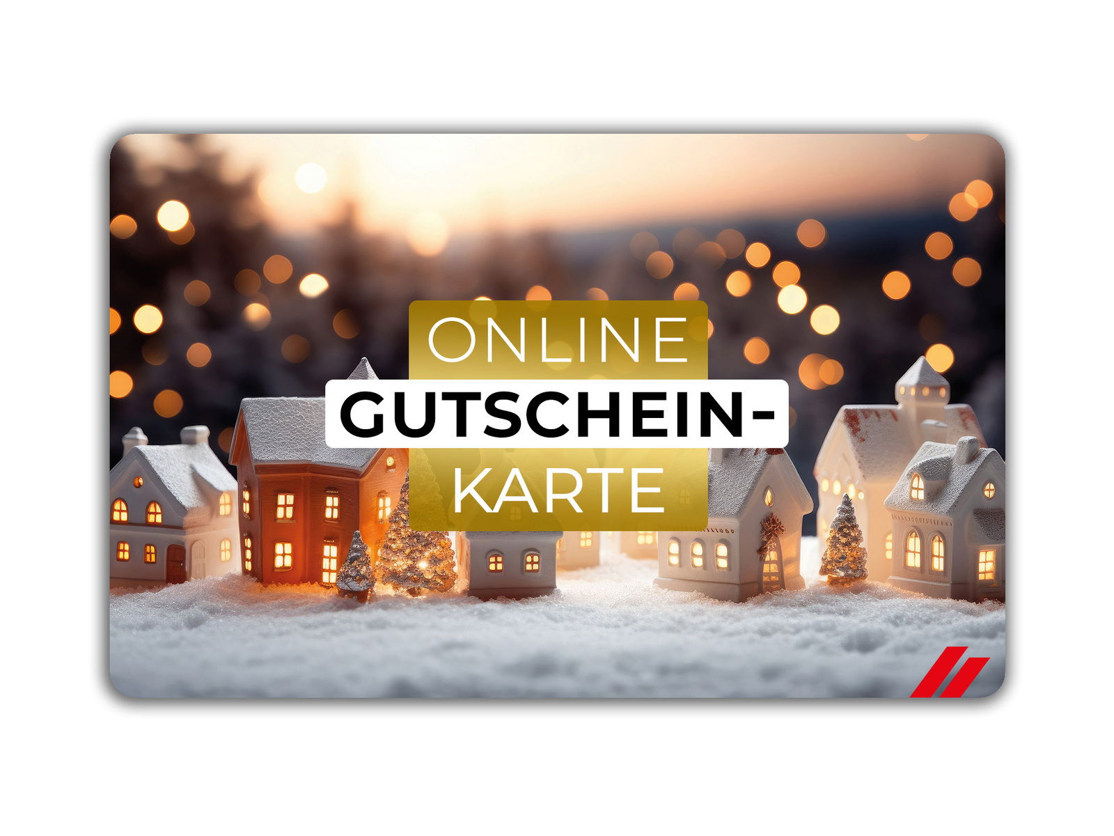 Vorderansicht einer Online-Geschenkkarte mit winterlichem Dorfmotiv und Lichtern im Hintergrund.