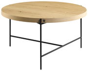 Runder Couchtisch mit heller Holzplatte und schwarzem Metallgestell, seitliche Perspektive