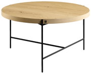 Ronde salontafel met een lichtgekleurd houten blad en een zwart metalen onderstel, zijaanzicht