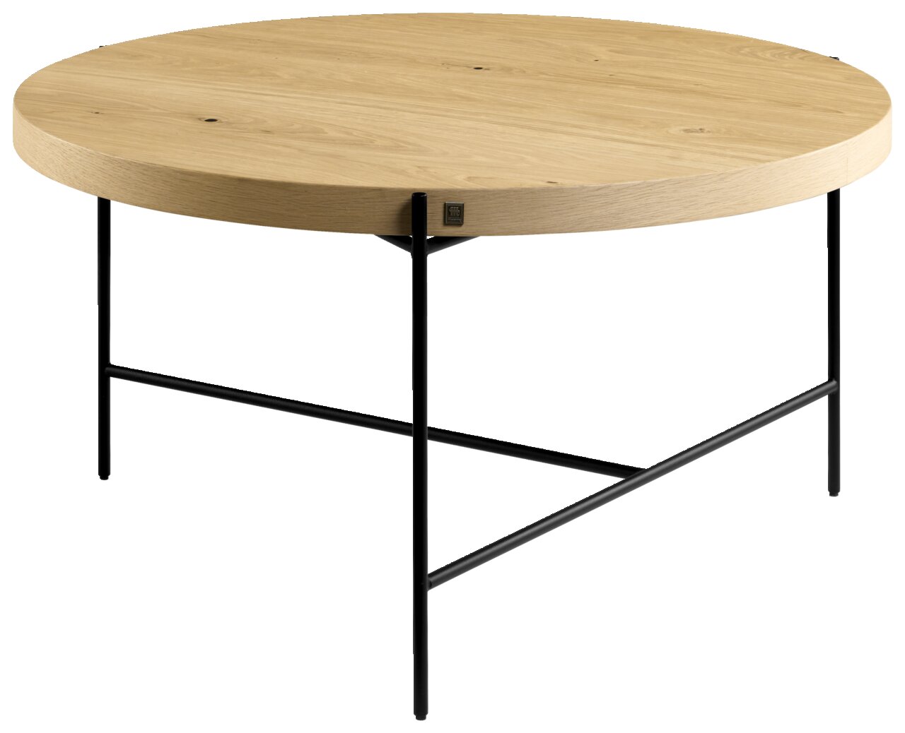 Ronde salontafel met een lichtgekleurd houten blad en een zwart metalen onderstel, zijaanzicht
