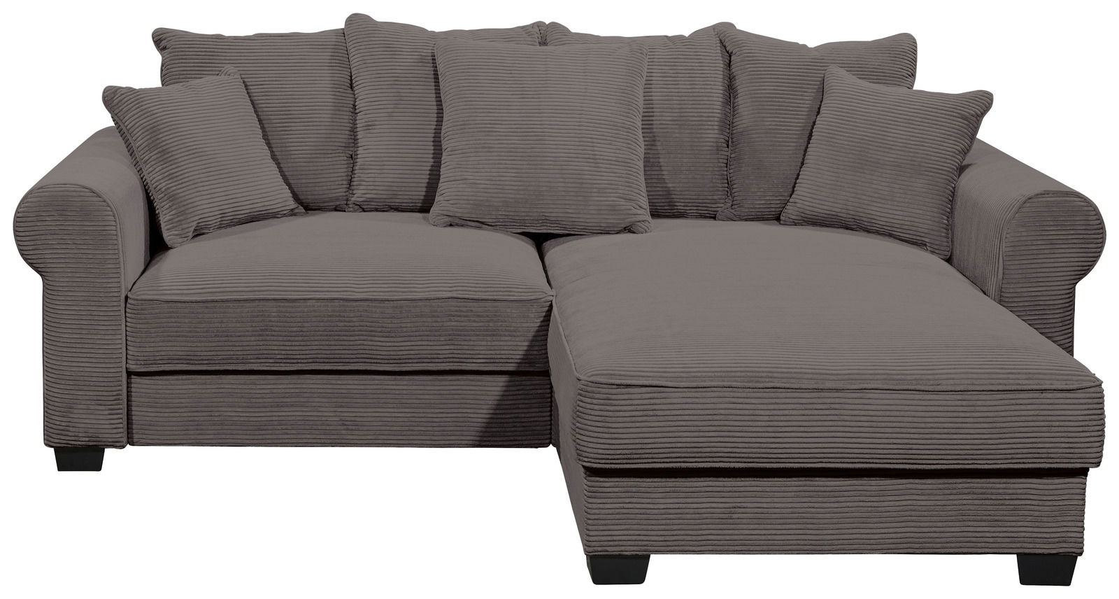 Graues Ecksofa mit mehreren Kissen, Vorderansicht
