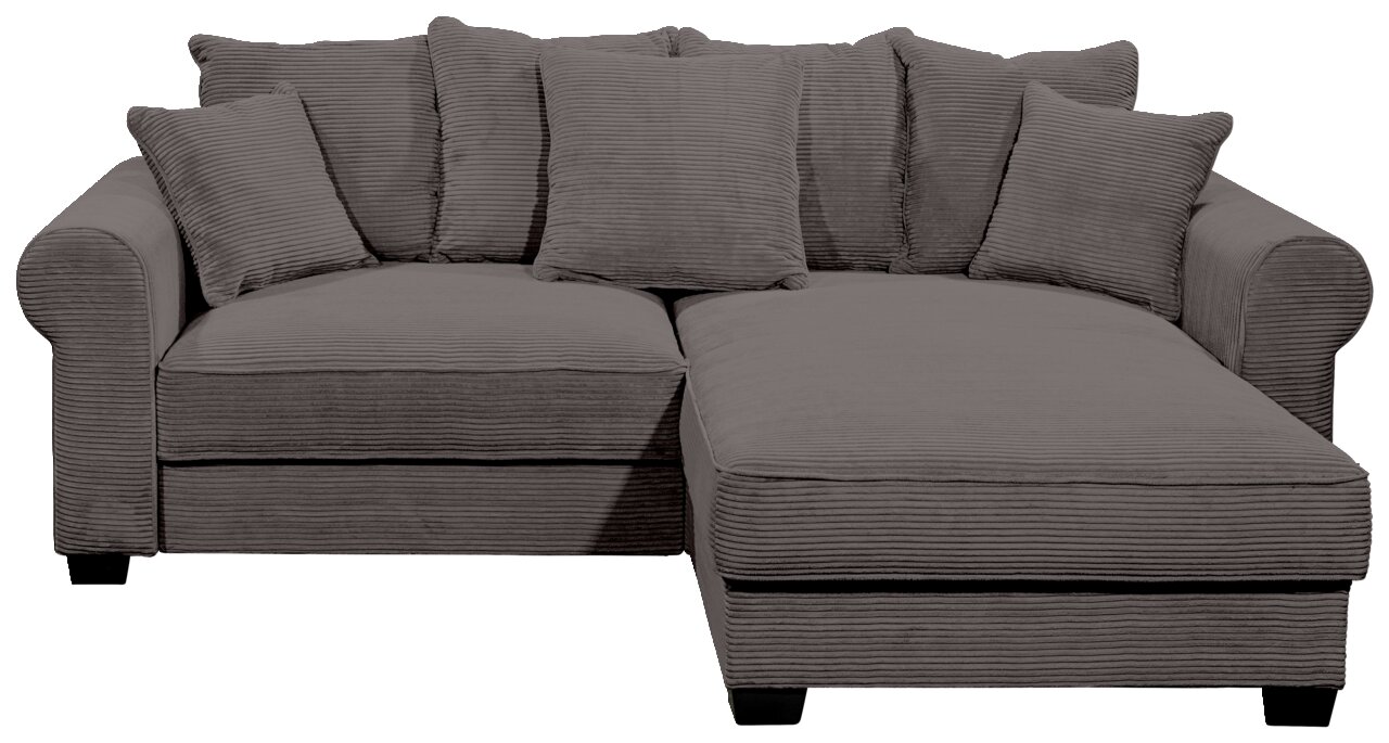 Graues Ecksofa mit mehreren Kissen, Vorderansicht