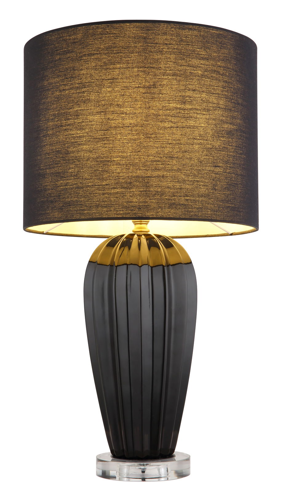 Globo Lighting Tischleuchte IRINA Elegante Tischleuchte IRINA mit schwarzem, geripptem Sockel und goldenem Akzent, frontal abgebildet.