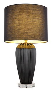 Elegante Tischleuchte IRINA mit schwarzem, geripptem Sockel und goldenem Akzent, frontal abgebildet.