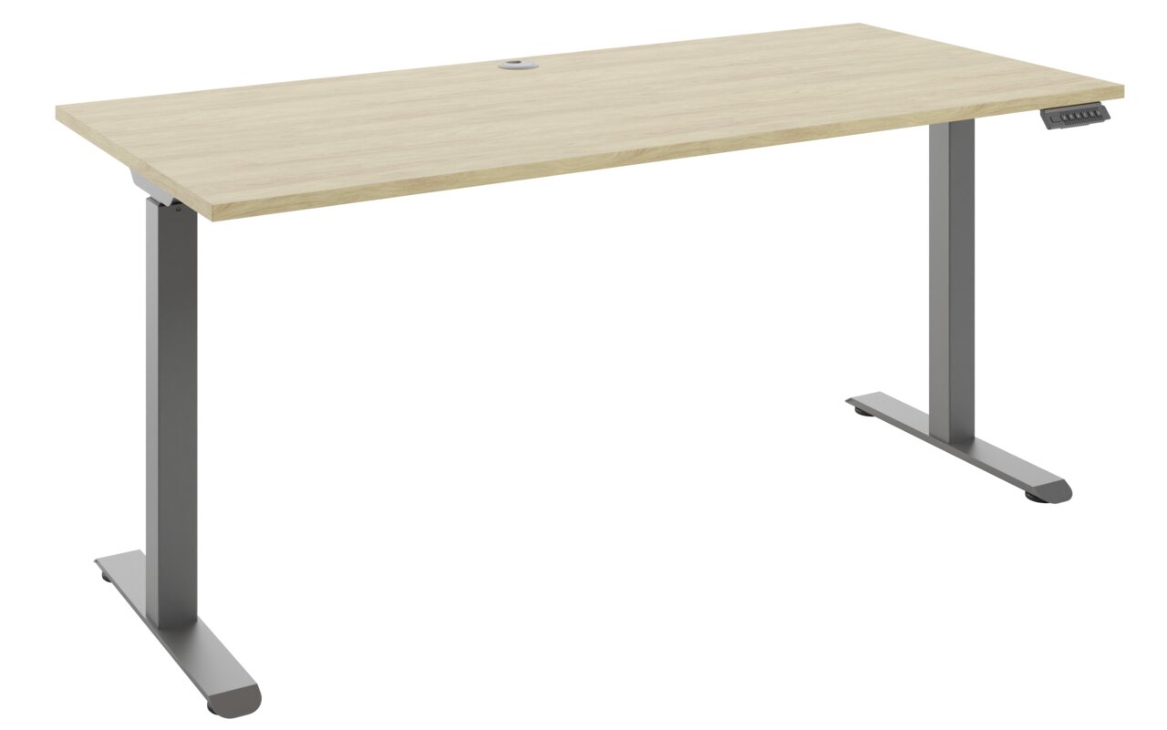 Moderner E-Schreibtisch mit Holzoberfläche und grauem Metallgestell, seitliche Perspektive