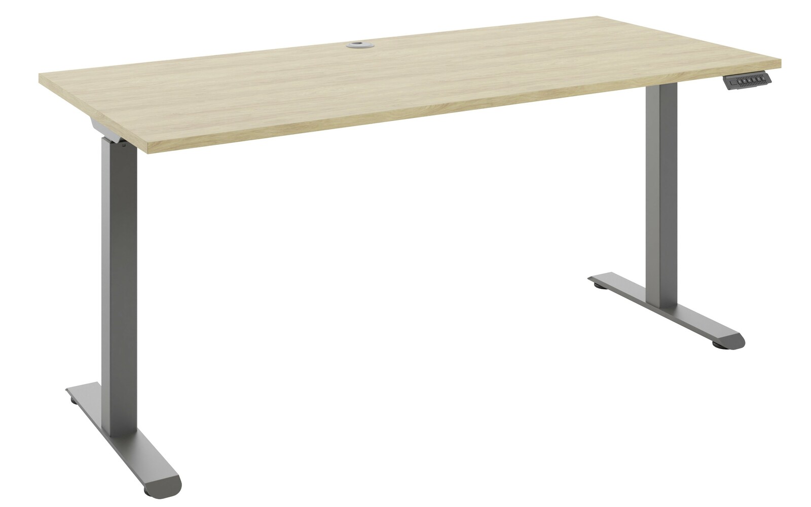 Manjana E-Schreibtisch 1-motorig OHIO Moderner E-Schreibtisch mit Holzoberfläche und grauem Metallgestell, seitliche Perspektive