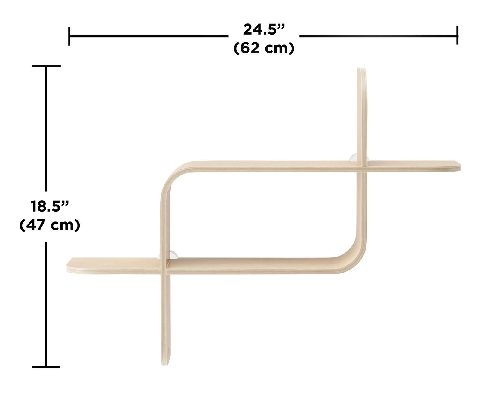 Modernes Wandregal aus hellem Holz mit geschwungenem Design, seitliche Perspektive.