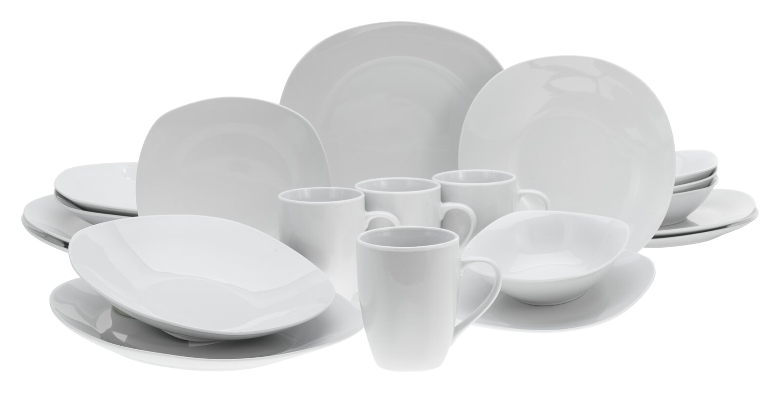 Creatable Kombiservice 20-tlg SQUARE Weißes Porzellan-Geschirrset mit Tellern, Schalen und Tassen, frontal in leichter Schrägansicht auf weißem Hintergrund