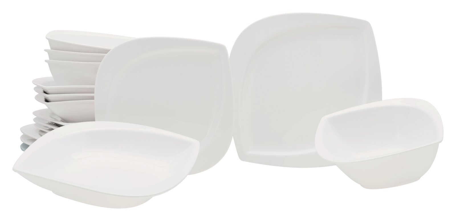 Creatable Tellerset 16-tlg MELBOURNE Weißes, eckig-abgerundetes Geschirrset mit Tellern und Schalen aus Keramik/Porzellan, in schräger Frontansicht vor weißem Hintergrund