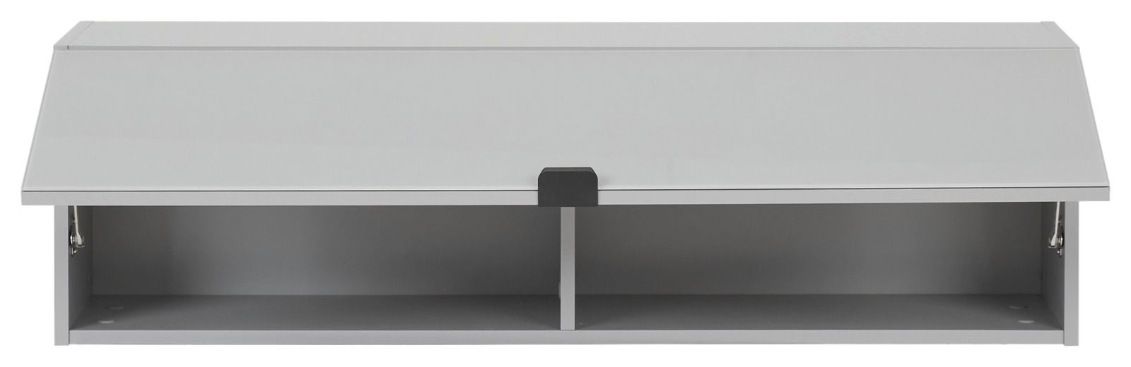 Moderner grauer Hängeschrank mit zwei offenen Fächern, Frontansicht