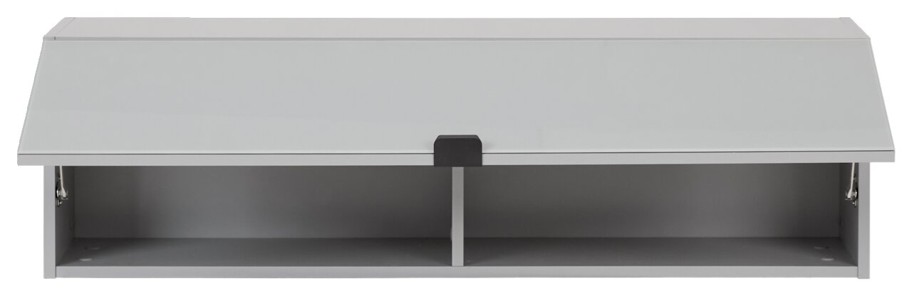 Moderner grauer Hängeschrank mit zwei offenen Fächern, Frontansicht