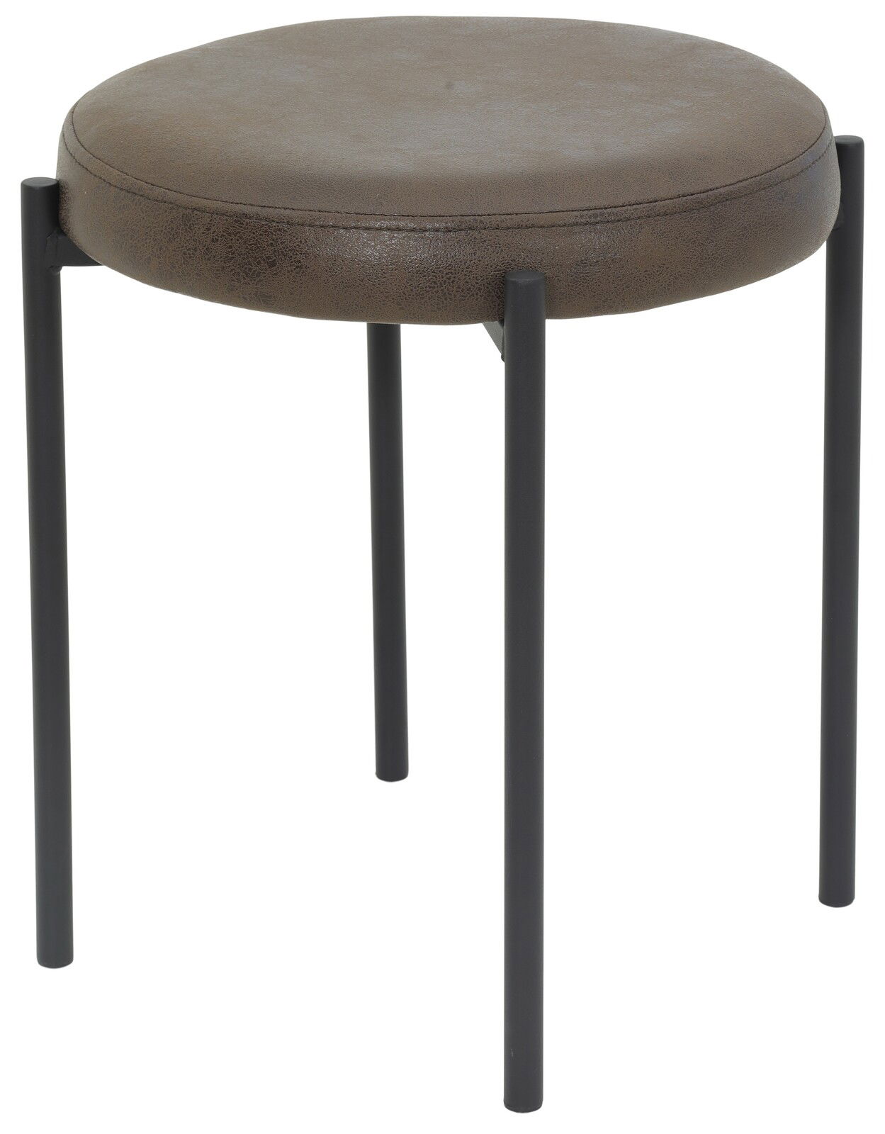 Moderner Hocker mit rundem braunem Sitzpolster und schwarzen Metallbeinen, seitliche Perspektive