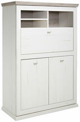 Weißer Sekretär mit zwei Türen und mehreren offenen Fächern, seitliche Perspektive