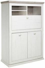 Weißer Sekretär mit zwei Türen und mehreren offenen Fächern, seitliche Perspektive