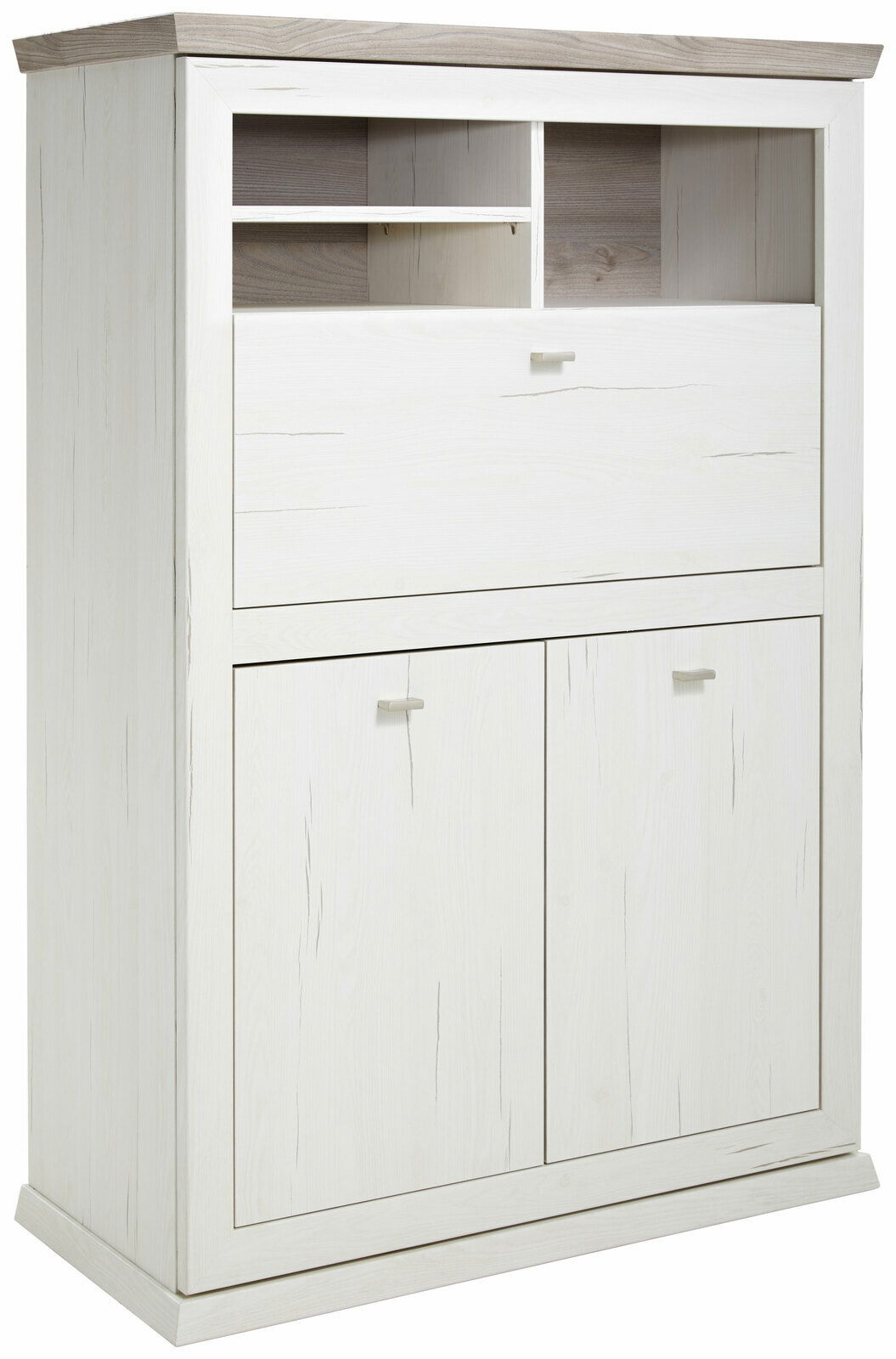 Hom´in Sekretär CAMRON Weißer Sekretär mit zwei Türen und mehreren offenen Fächern, seitliche Perspektive