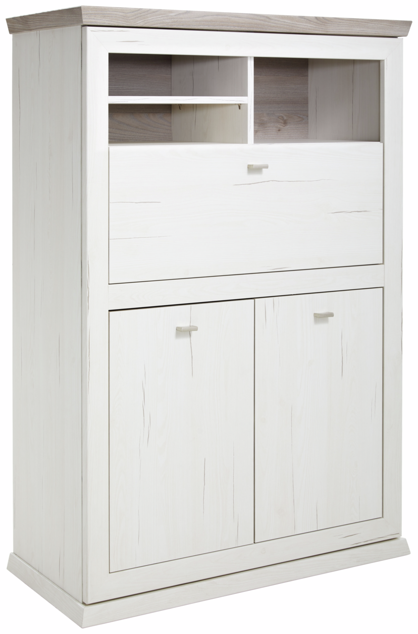 Hom´in Sekretär CAMRON Weißer Sekretär mit zwei Türen und mehreren offenen Fächern, seitliche Perspektive