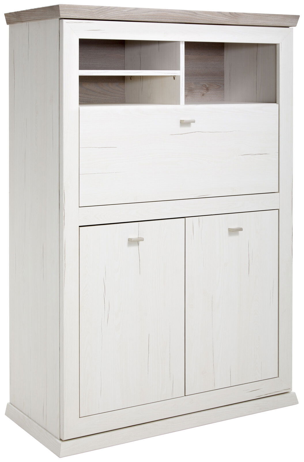 Hom´in Sekretär CAMRON Weißer Sekretär mit zwei Türen und mehreren offenen Fächern, seitliche Perspektive